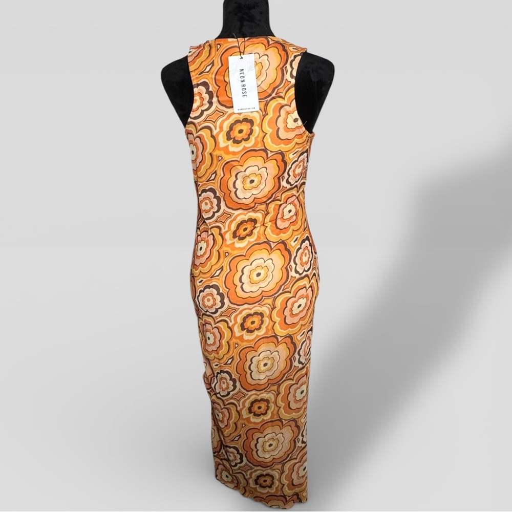 Neon Rose racer midi dress with ruched front seam in 70s floral mesh-Multi NWT - Picture 3 of 7